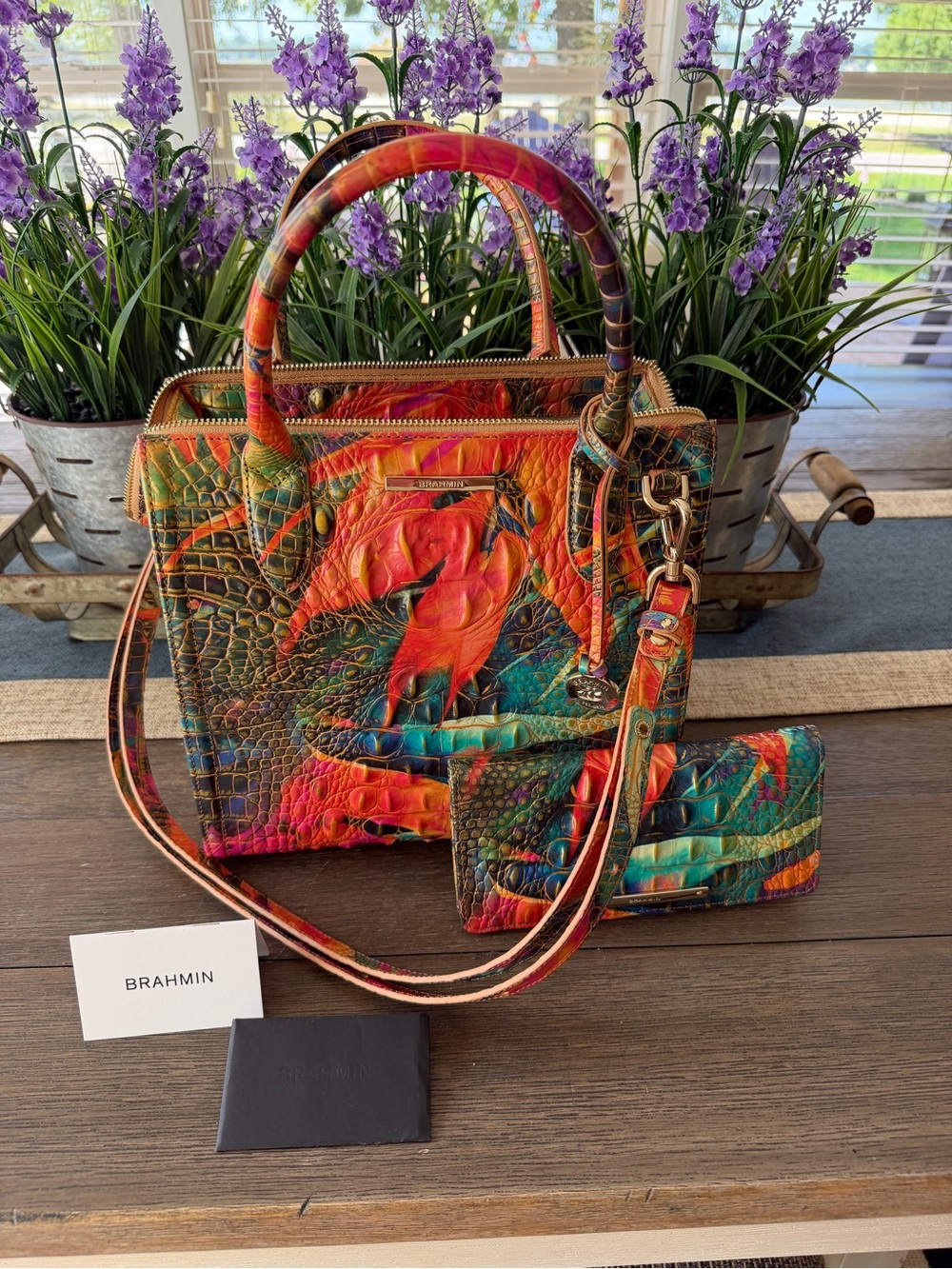 Brahmin Multicolor Croc-Embossed Leather Satchel with Matching Wallet